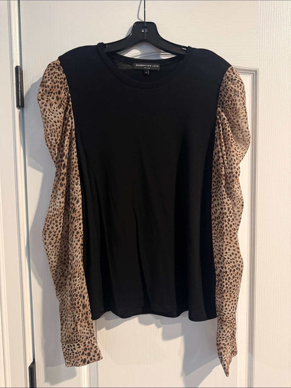 Generation Love Black Knit Top with Leopard-Print Puff Sleeves